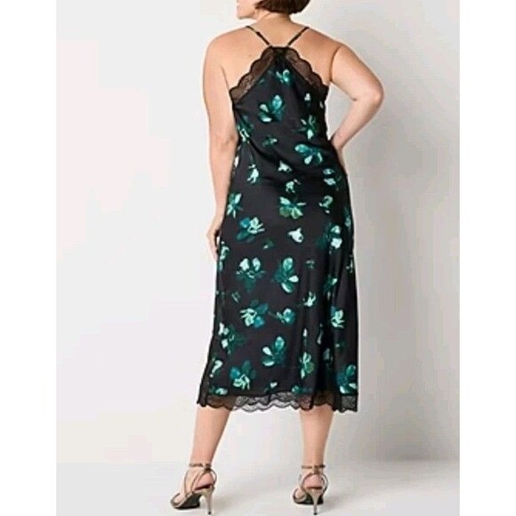 Worthington Women's Size Medium Floral Slip Dress Floral Print Black Teal Satin - Picture 2 of 14